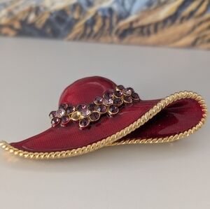 Vintage Red Hat Brooch with Gold Color Trim